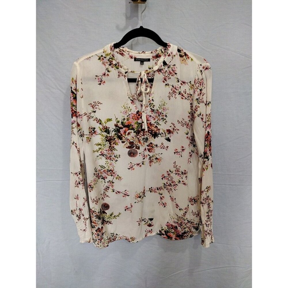 Staccato Womens Floral Long Sleeve V-Neck Blouse Top L Cream Pink Casual Career